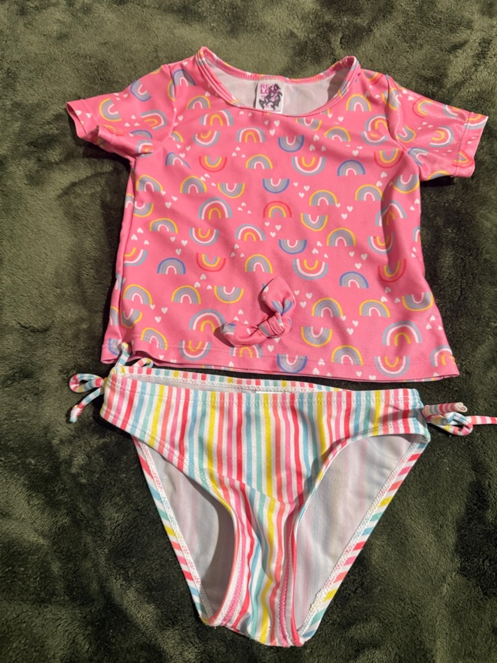 Kids Pink Rainbow Rash Guard Top & Striped Bikini Bottoms - Girls Swim Set